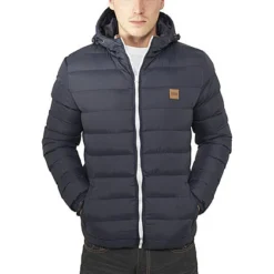 Urban Classics Herren Basic Winter Steppjacke Kapuze 2 Taschen Navy Blau Weiss