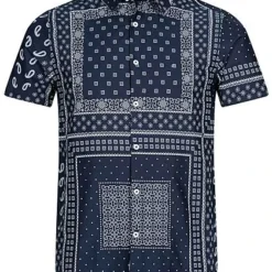 Brave Soul Herren Kurzarm Hemd Allover Print Regular Fit Navy Blau Weiss