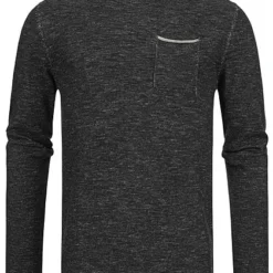Hailys Herren Leichter Sweater Strickpullover Brusttasche Rollkanten Am Saum Schwarz