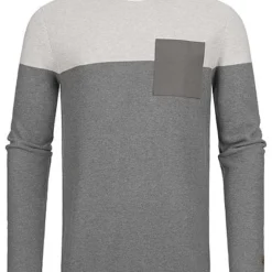 Sublevel Herren Ribbed 2-Tone Pullover Sweater Brusttasche Hell Grau Dunkel Grau