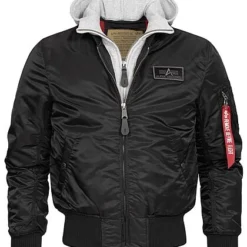 Alpha Industries Herren Bomber Fliegerjacke Mit Abnehmb. Kapuze 2-Pockets Schwarz
