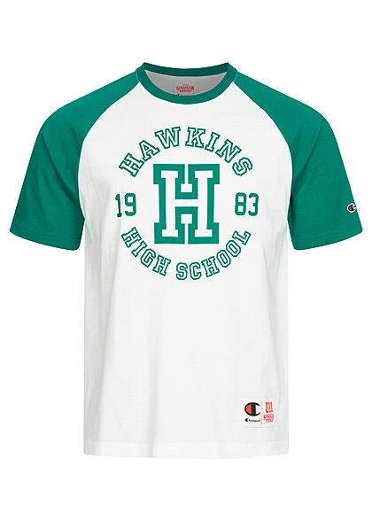 Champion Herren T-Shirt Stranger Things Hawkins Print Und Aufnäher Weiss Grün 3 Champion Herren T-Shirt Stranger Things Hawkins Print Und Aufnäher Weiss Grün