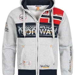 Geographical Norway Herren Zip-Hoodie Kapuze 2-Pockets Patches Vorne & Hinten Grau