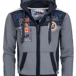 Geographical Norway Herren Zip-Hoodie Kapuze 2-Pockets Patches Vorne D. Grau