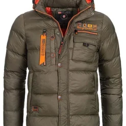 Geographical Norway Herren Winter Steppjacke Mit Abnehmb. Kapuze 4-Pockets Khaki Grün