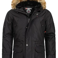 Geographical Norway Herren Winter Parka Kunstfellkapuze 7-Pockets Schwarz