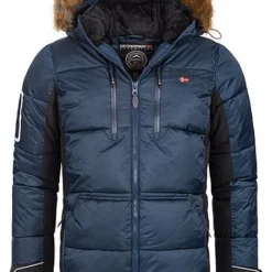 Geographical Norway Herren Winter Parka Steppjacke Mit Abnehmb. Kapuze Navy Schwarz