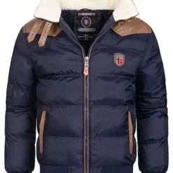 Geographical Norway Herren High-Neck Winter Bomberjacke Teilw. Kunstleder Navy Braun
