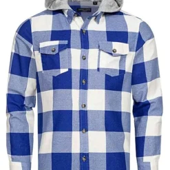 Brave Soul Herren 2in1 Flanell Hemd Mit Kapuze Karo Muster Blau Ecru Grau