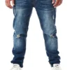 Seventyseven Lifestyle Herren Jeans Hose Mit 5-Pockets Destroyed Look Dunkel Blau