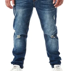 Seventyseven Lifestyle Herren Jeans Hose Mit 5-Pockets Destroyed Look Dunkel Blau