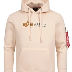 Alpha Industries Herren Hoodie Kängurutasche Kapuze Logo Print Jet Stream Weiss