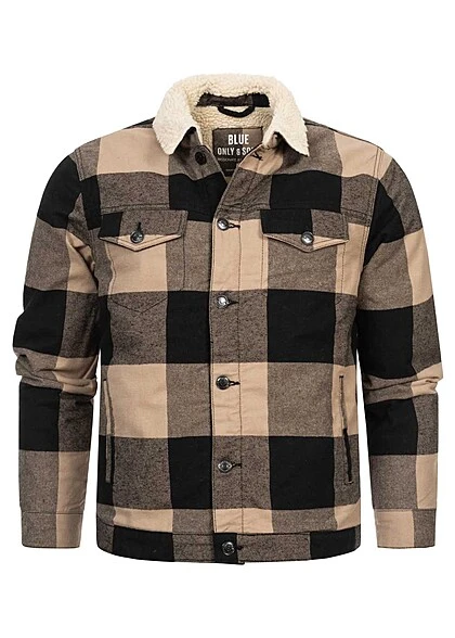 ONLY & SONS Herren Shacket Jacke Mit Teddyfell Am Kragen Kariert Chinchilla Beige 3 ONLY & SONS Herren Shacket Jacke Mit Teddyfell Am Kragen Kariert Chinchilla Beige