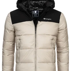 Champion Herren Steppjacke Mit Kapuze Und 2-Zip-Pockets Logo Print Grau Schwarz