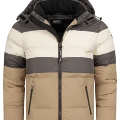 Indicode Herren Steppjacke Mit Kapuze Und 2-Zip-Pockets Colorblock Dunkel Grau Beige