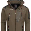 Geographical Norway Herren Jacke Mit Abnehmb. Kapuze Und Logo Print Khaki Schwarz