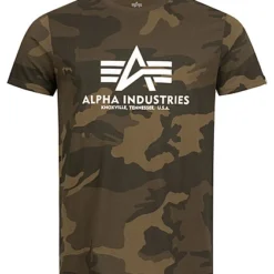 Alpha Industries Herren Basic T-Shirt Mit Logo Print Camouflage Oliv Grün
