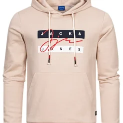 Jack & Jones Jack And Jones Herren Hoodie Mit Kängurutasche Und Logo Print Moonbeam Beige