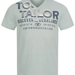 Tom Tailor Herren T-Shirt Mit V-Neck Und Logo Print Hell Eis Blau