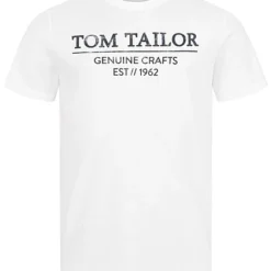 Tom Tailor Herren T-Shirt Mit Rundhals Und Logo Print Weiss Schwarz