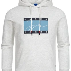 Jack & Jones Jack And Jones Herren Hoodie Mit Kängurutasche Und Logo Print Weiss Melange